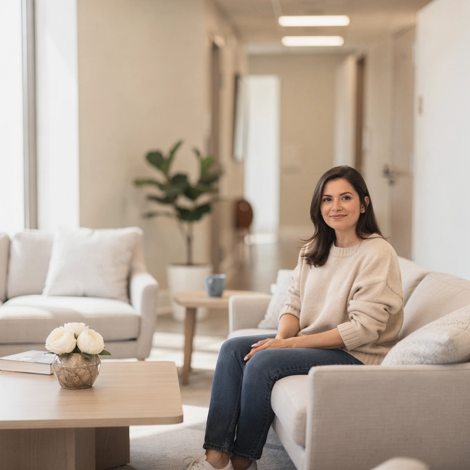 Woman sitting on a cream chair in a modern therapy waiting room with plants and natural light